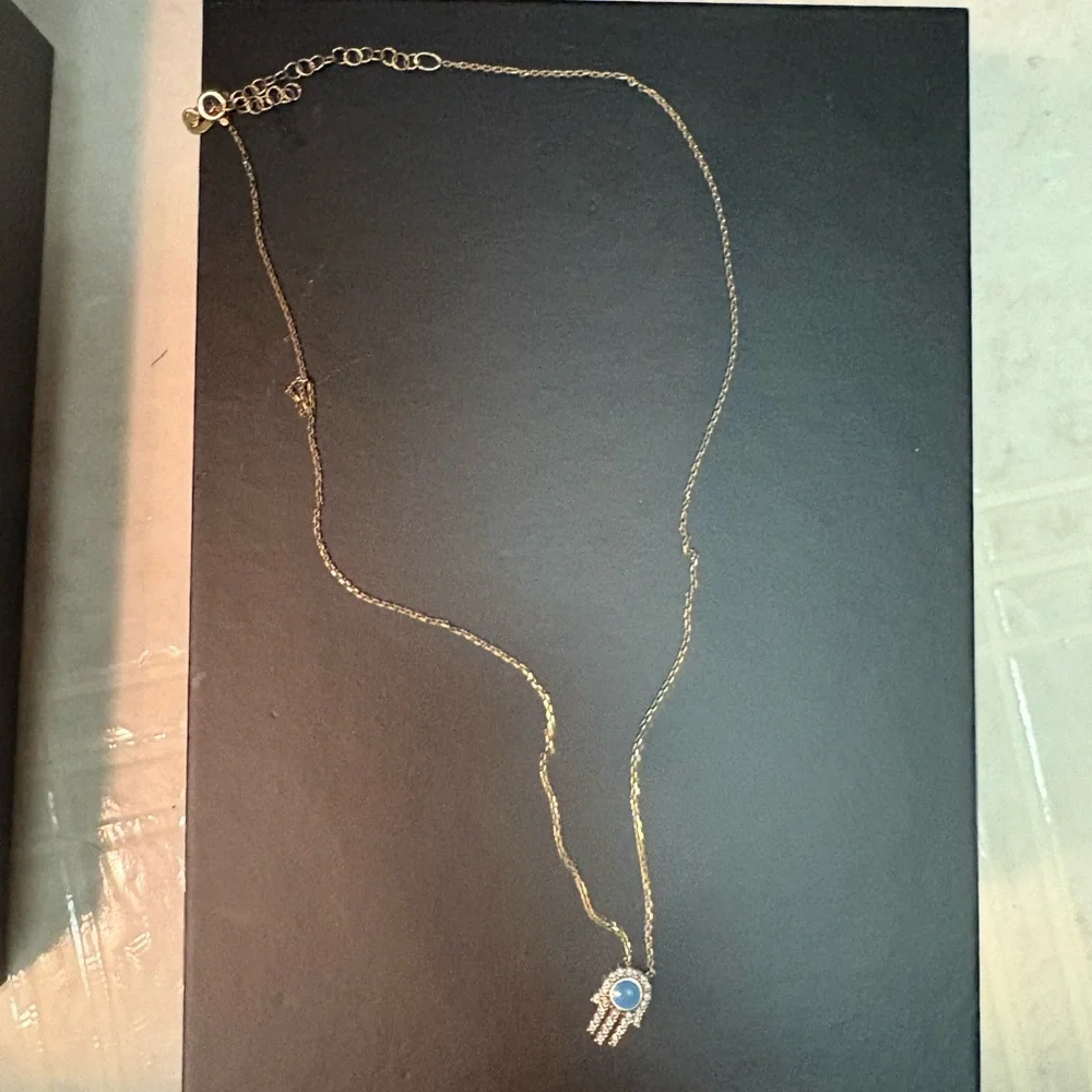 Gold Necklace with Blue Hamsa Pendant - Picture 3 of 5